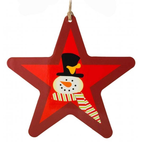 Χριστουγεννιάτικο Κρεμαστό Αστέρι, με Χιονάνθρωπο και Κόκκινο Κασκόλ σε Κόκκινο Φόντο (12cm)